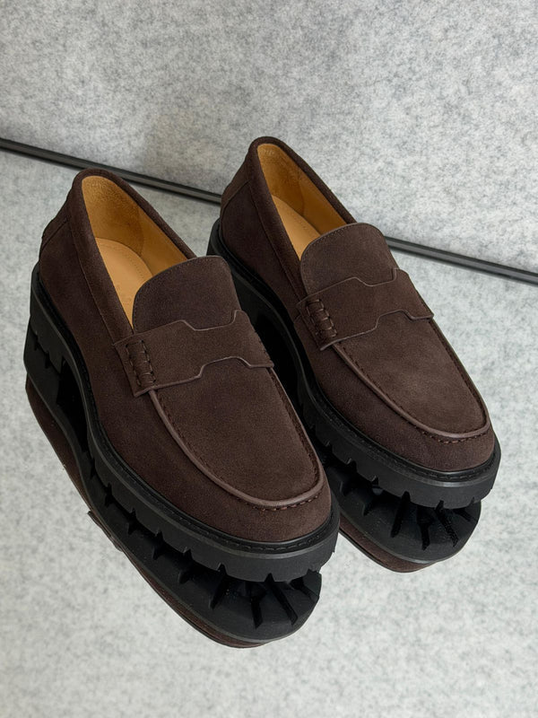 Hermès Klement loafer, crafted from brown suede calfskin with a chunky rubber sole