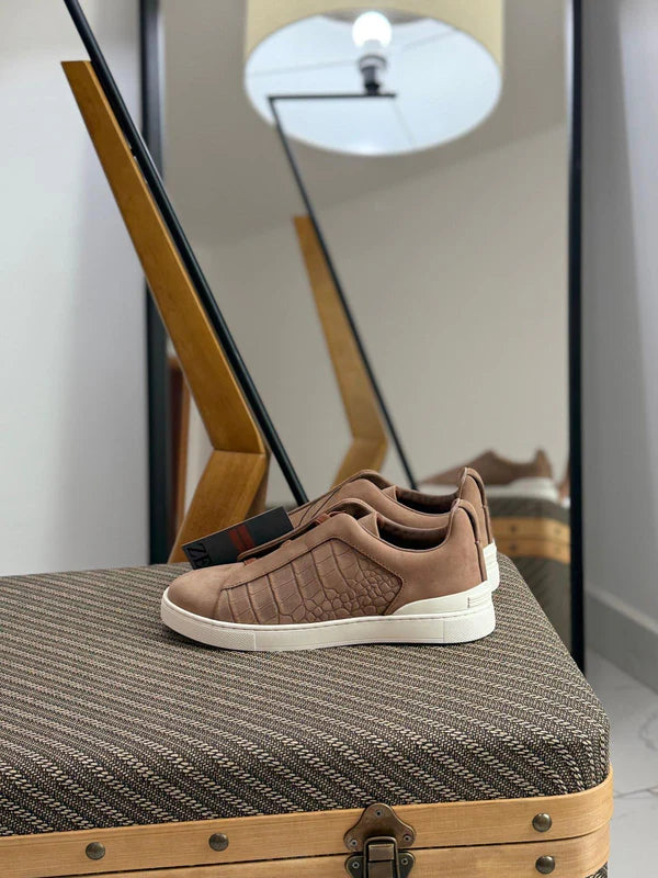 Premium luxury Zegna triple stitch brown crocodile leather and suede
