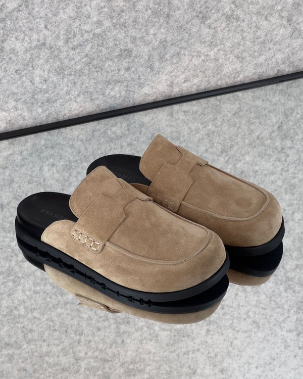 Hermès Go Mule, a suede calfskin mule lightweight rubber sole.