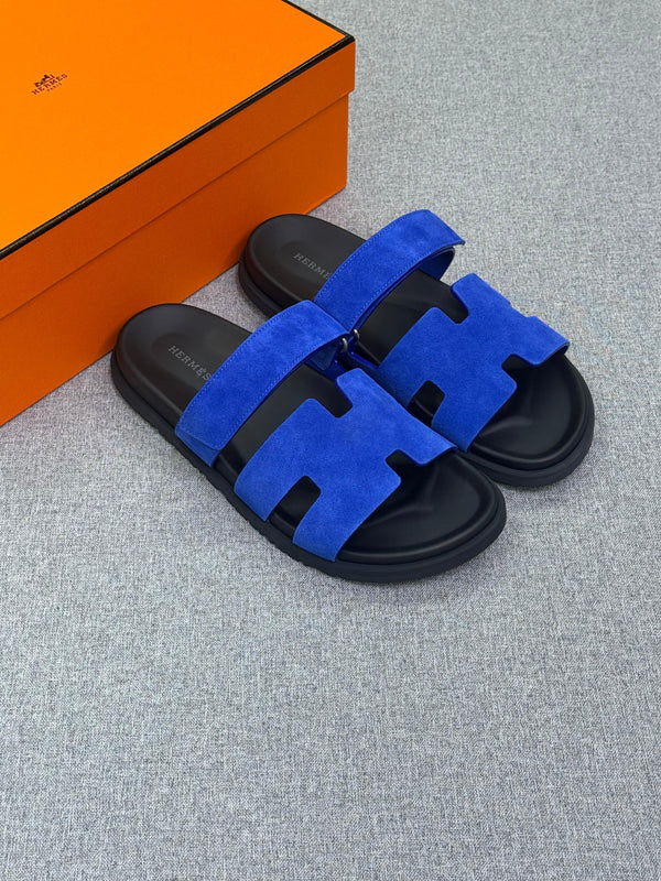 Hermès Chypre sandal in blue suede.