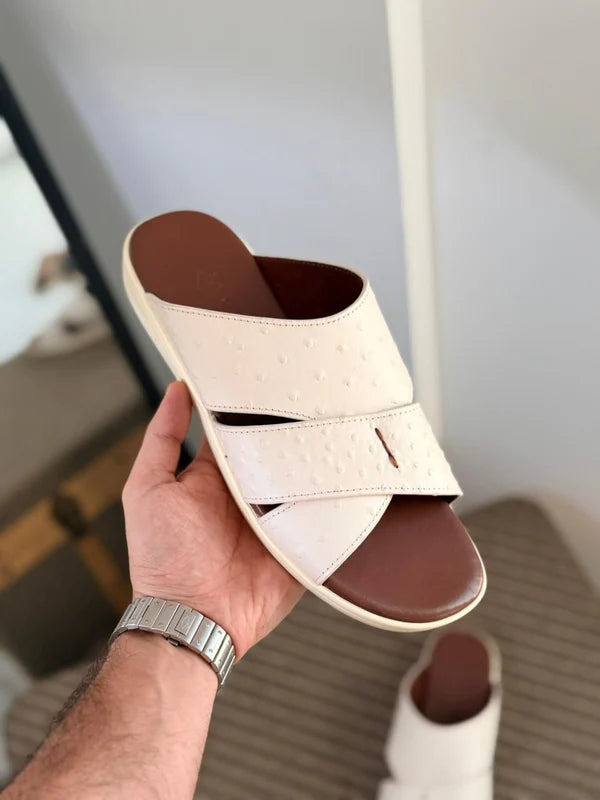 Loro Piana Palm Walk Sandal in White Ostrich Leather.