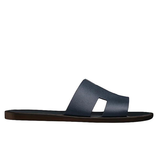 Hermès Izmir sandals in Epsom blue calfskin with the iconic H cut-out.