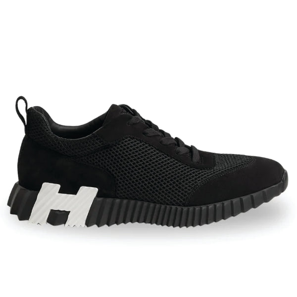 Hermès Bouncing Sneaker – Black Mesh & Suede Goatskin with White “H” Heel Detail (Men’s, Style H232856ZH01415)